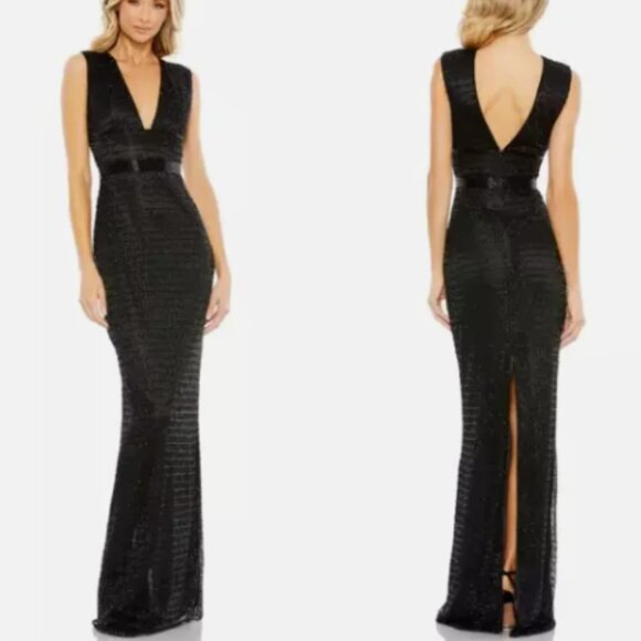 MAC DUGGAL 5625 BEADED CAP SLEEVE V-NECK BLACK SEQUIN COLUMN GOWN sz 14 - Picture 1 of 5